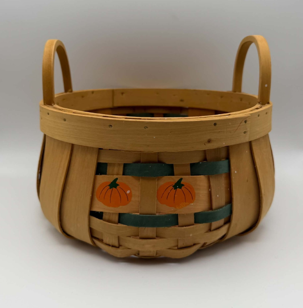 Woven Wooden Basket Painted Pumpkin Design Fixed Handles Autumn Fall Decor